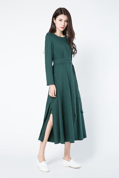 Green loose fitting linen dress women c1086