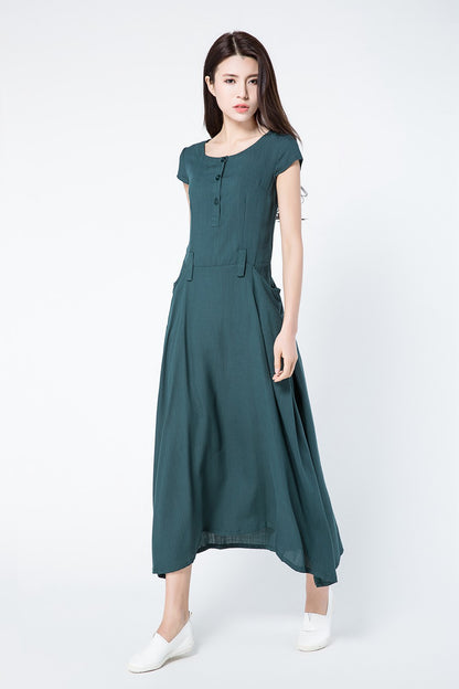 Green linen dress for summer with pockets c1087