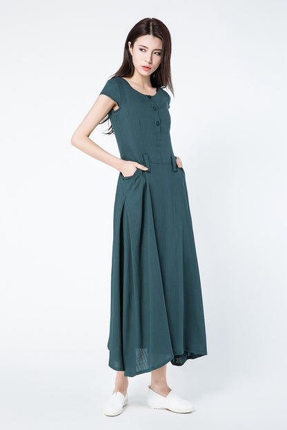 Green linen dress for summer with pockets c1087