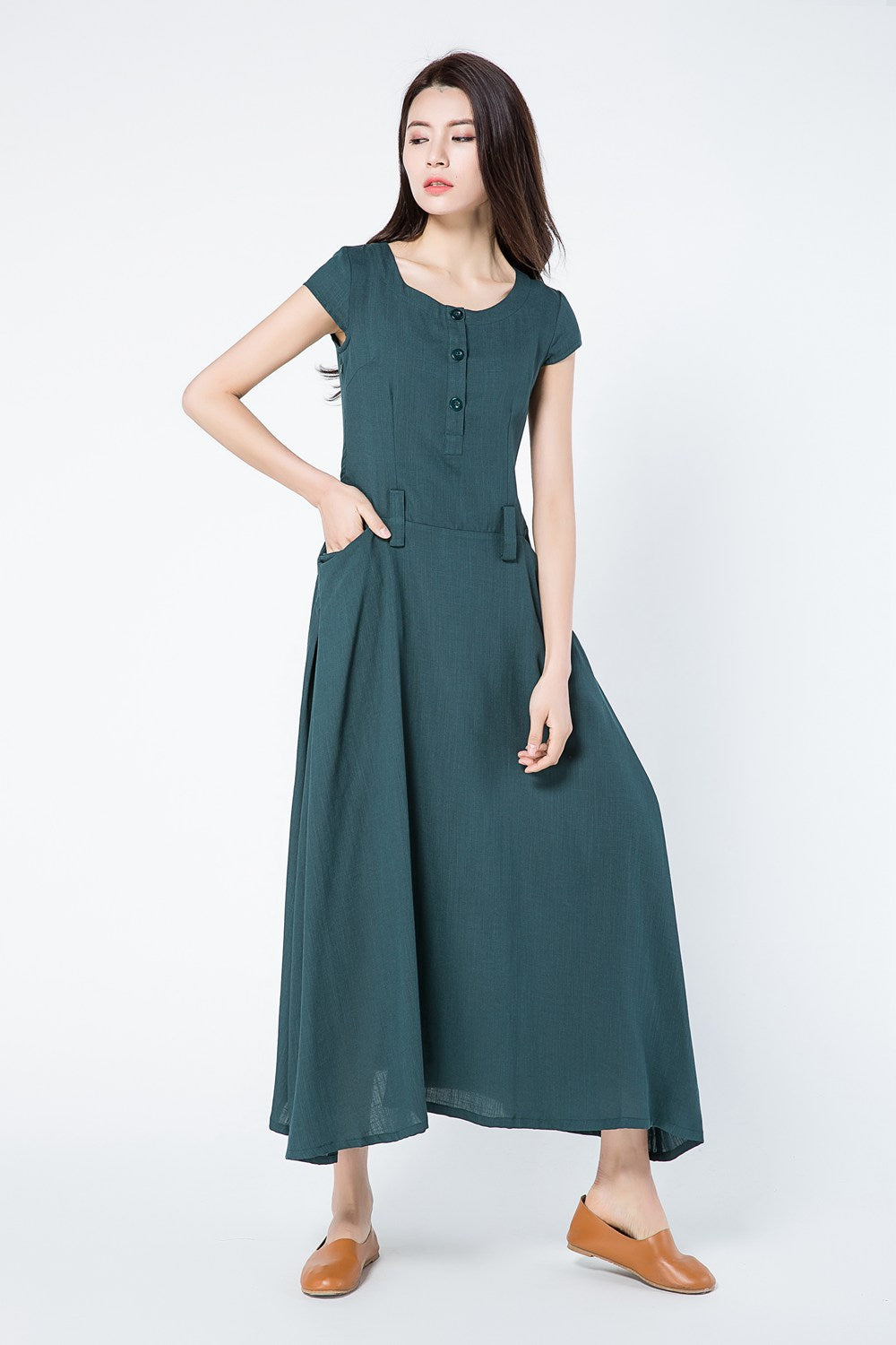 Green linen dress for summer with pockets c1087