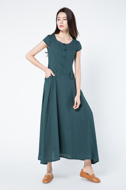 Green linen dress for summer with pockets c1087