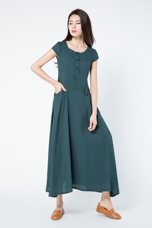Green linen dress for summer with pockets c1087