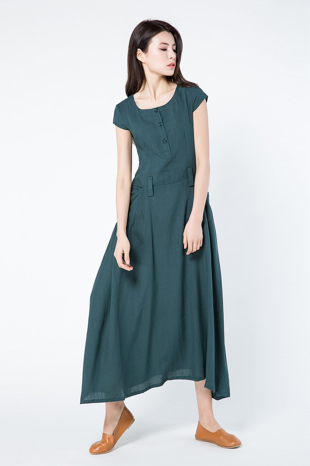 Green linen dress for summer with pockets c1087