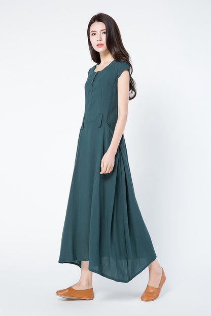 Green linen dress for summer with pockets c1087