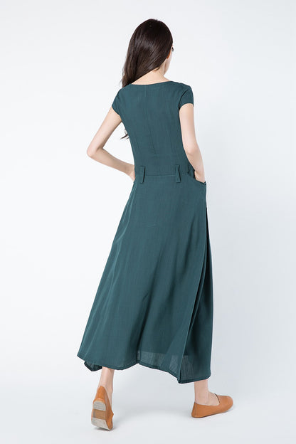 Green linen dress for summer with pockets c1087