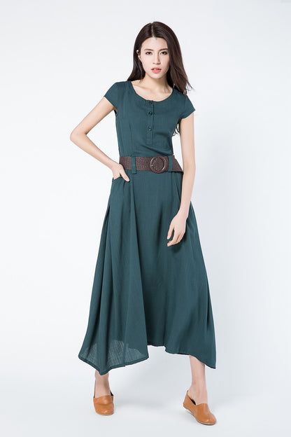 Green linen dress for summer with pockets c1087