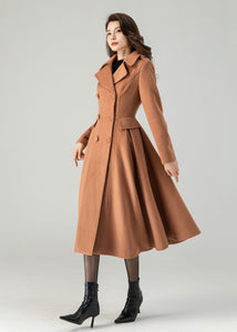 Brown double breasted winter wool coat for women C3619