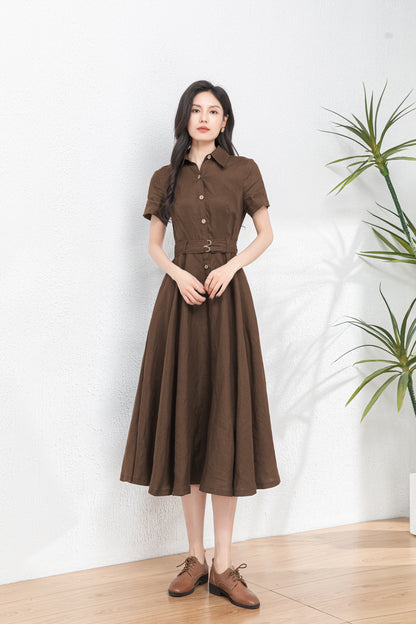 Brown Summer Midi Linen Dress c5458
