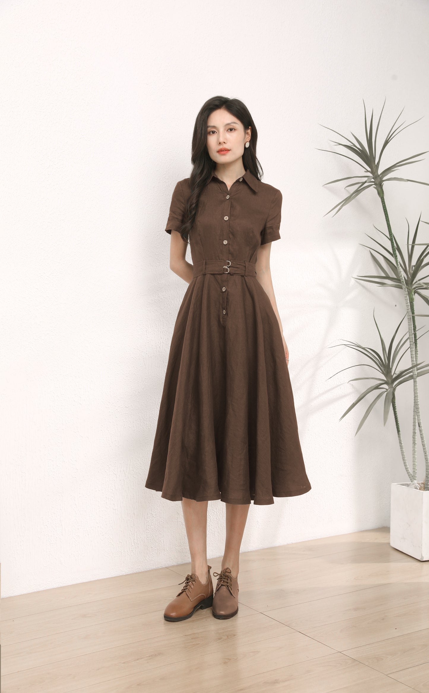 Brown Summer Midi Linen Dress c5458