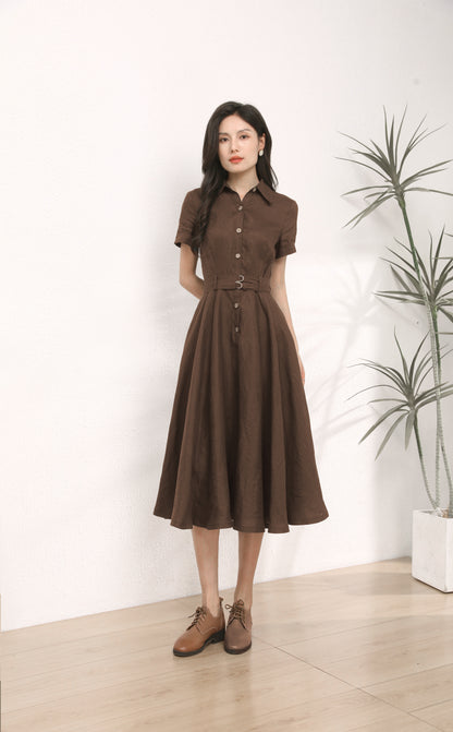 Brown Summer Midi Linen Dress c5458