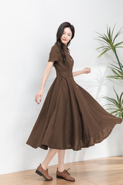 Brown Summer Midi Linen Dress c5458