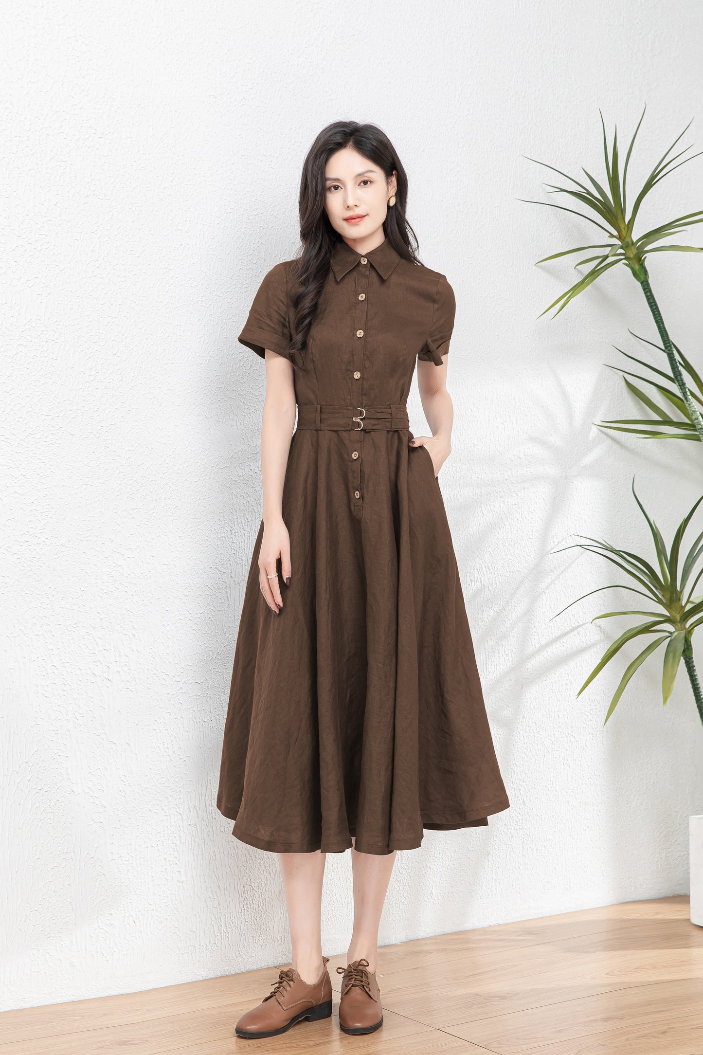 Brown Summer Midi Linen Dress c5458
