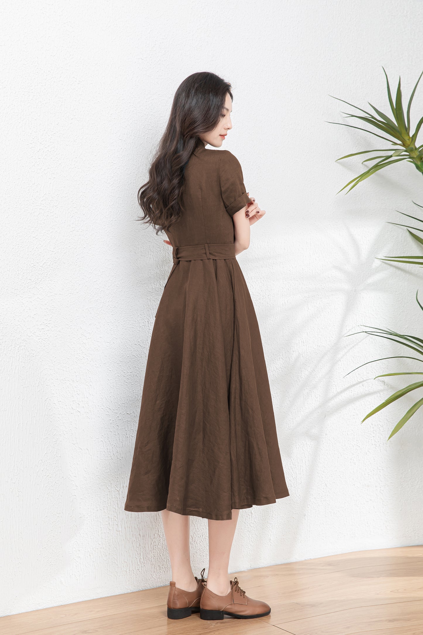 Brown Summer Midi Linen Dress c5458