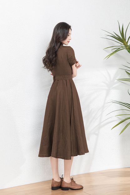 Brown Summer Midi Linen Dress c5458