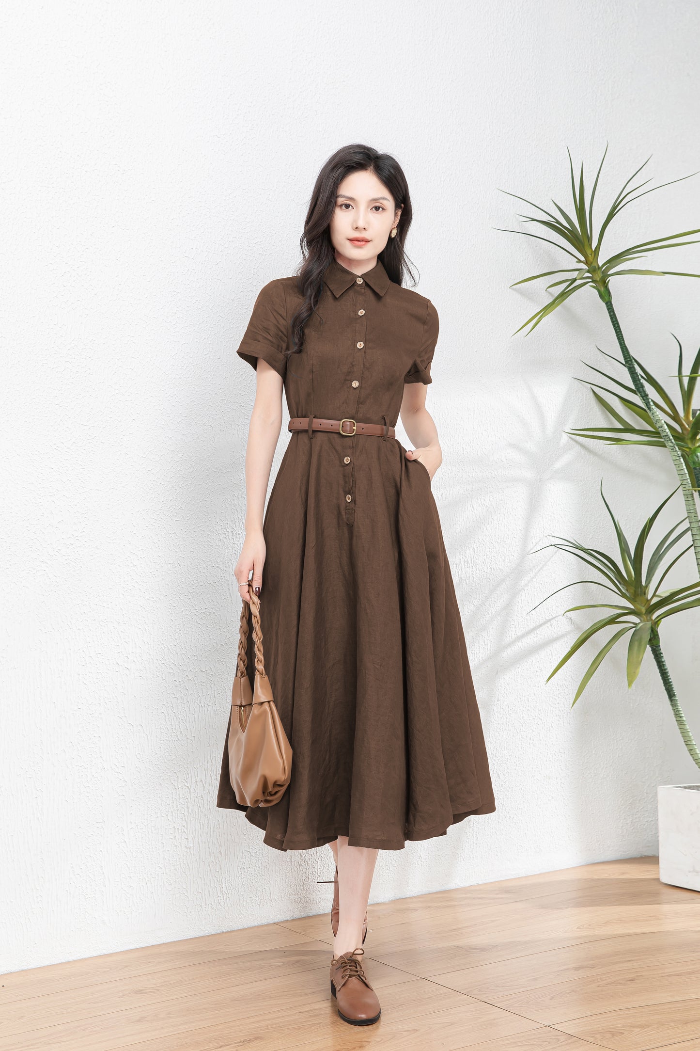 Brown Summer Midi Linen Dress c5458