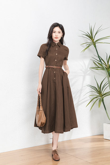Brown Summer Midi Linen Dress c5458