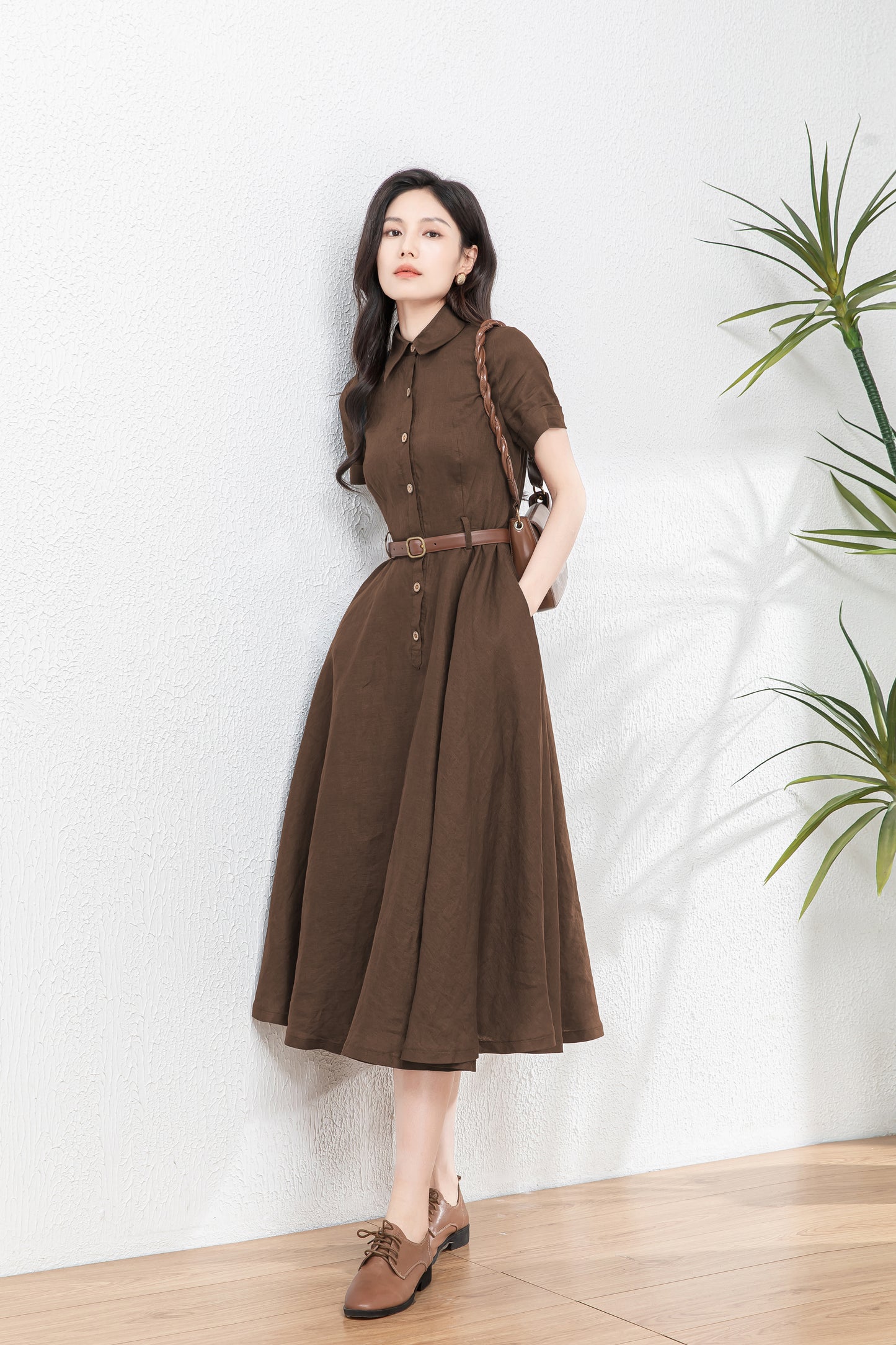 Brown Summer Midi Linen Dress c5458