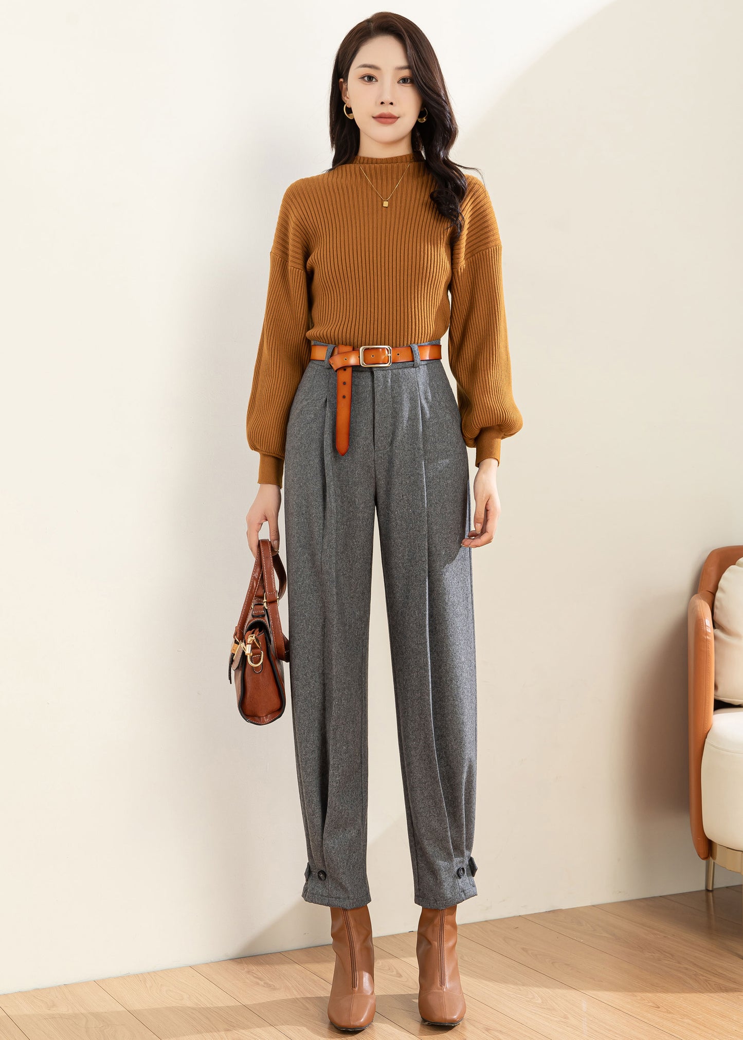 Gray Wool Pants Women, Wool Tapered Pants C3596