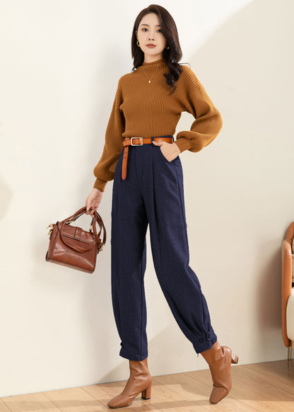 Women Navy Blue Wool Tapered Pants C4516