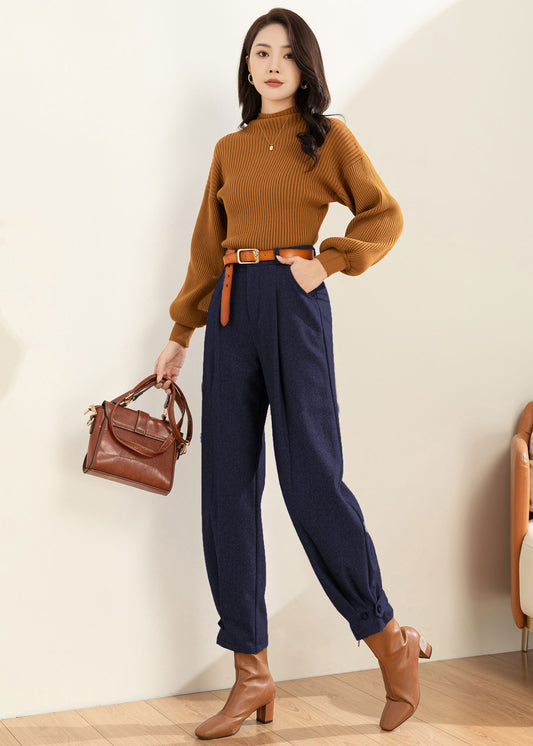 Women Navy Blue Wool Tapered Pants C4516