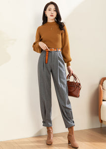 Gray Wool Pants Women, Wool Tapered Pants C3596