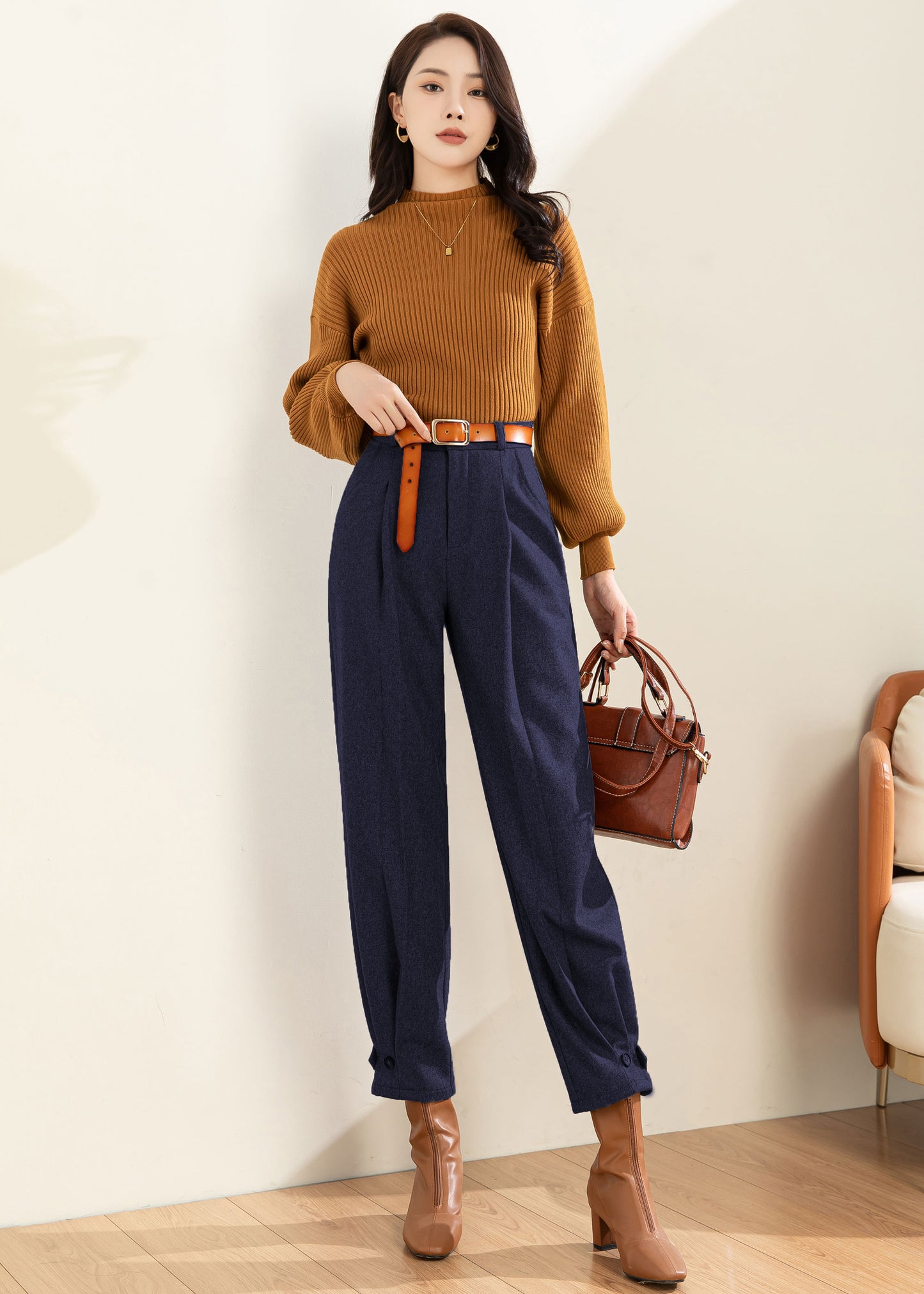 Women Navy Blue Wool Tapered Pants C4516
