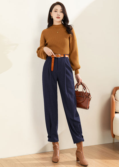 Women Navy Blue Wool Tapered Pants C4516