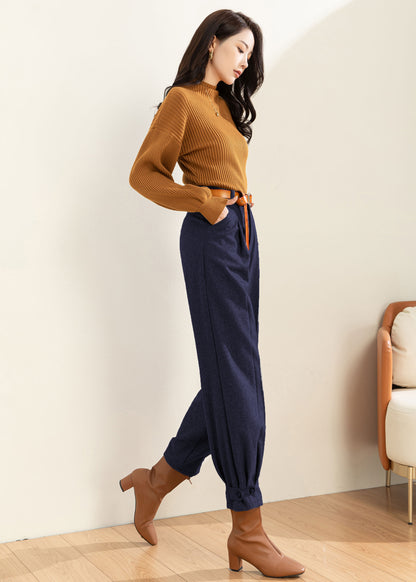 Women Navy Blue Wool Tapered Pants C4516