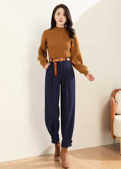 Women Navy Blue Wool Tapered Pants C4516
