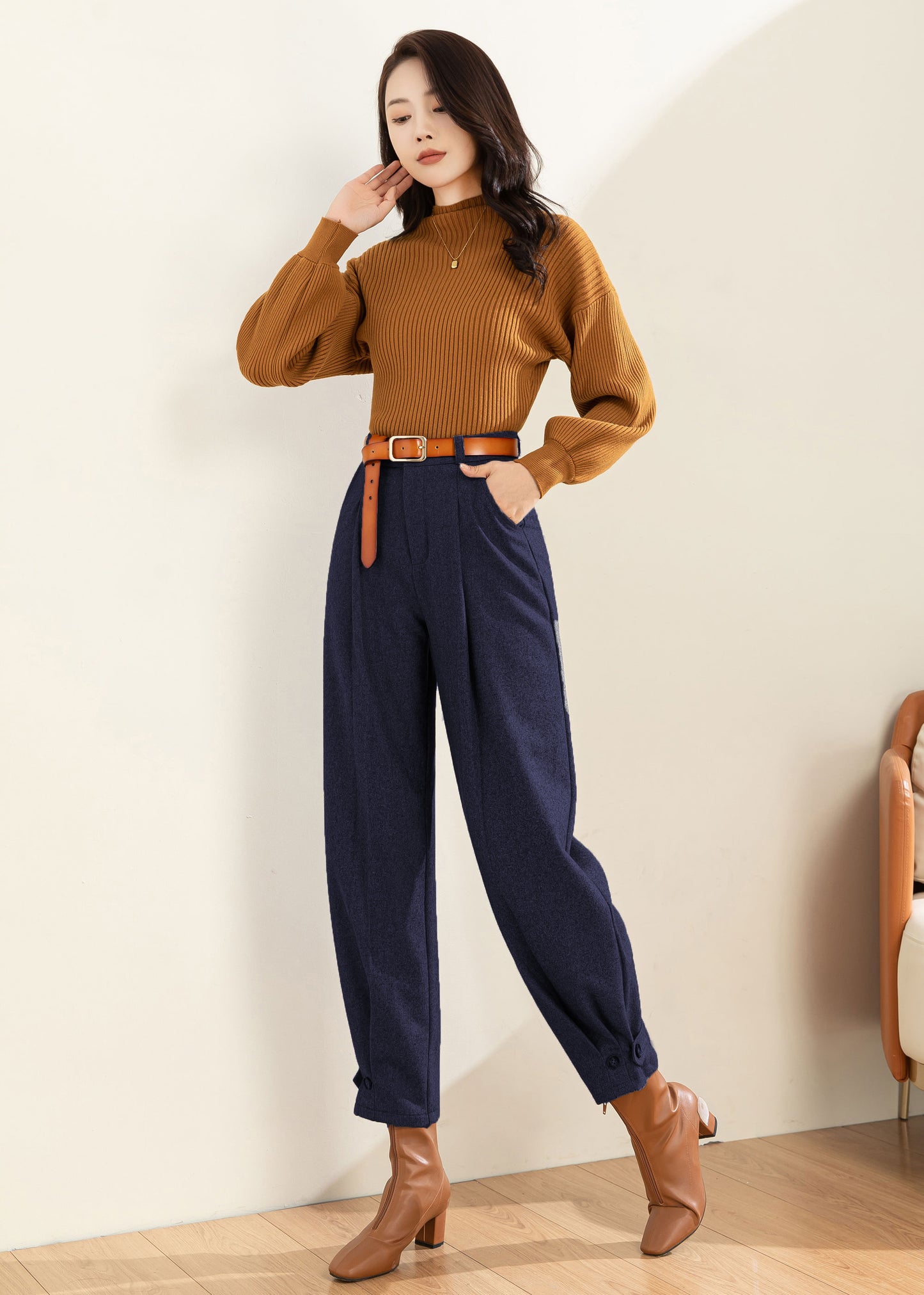 Women Navy Blue Wool Tapered Pants C4516