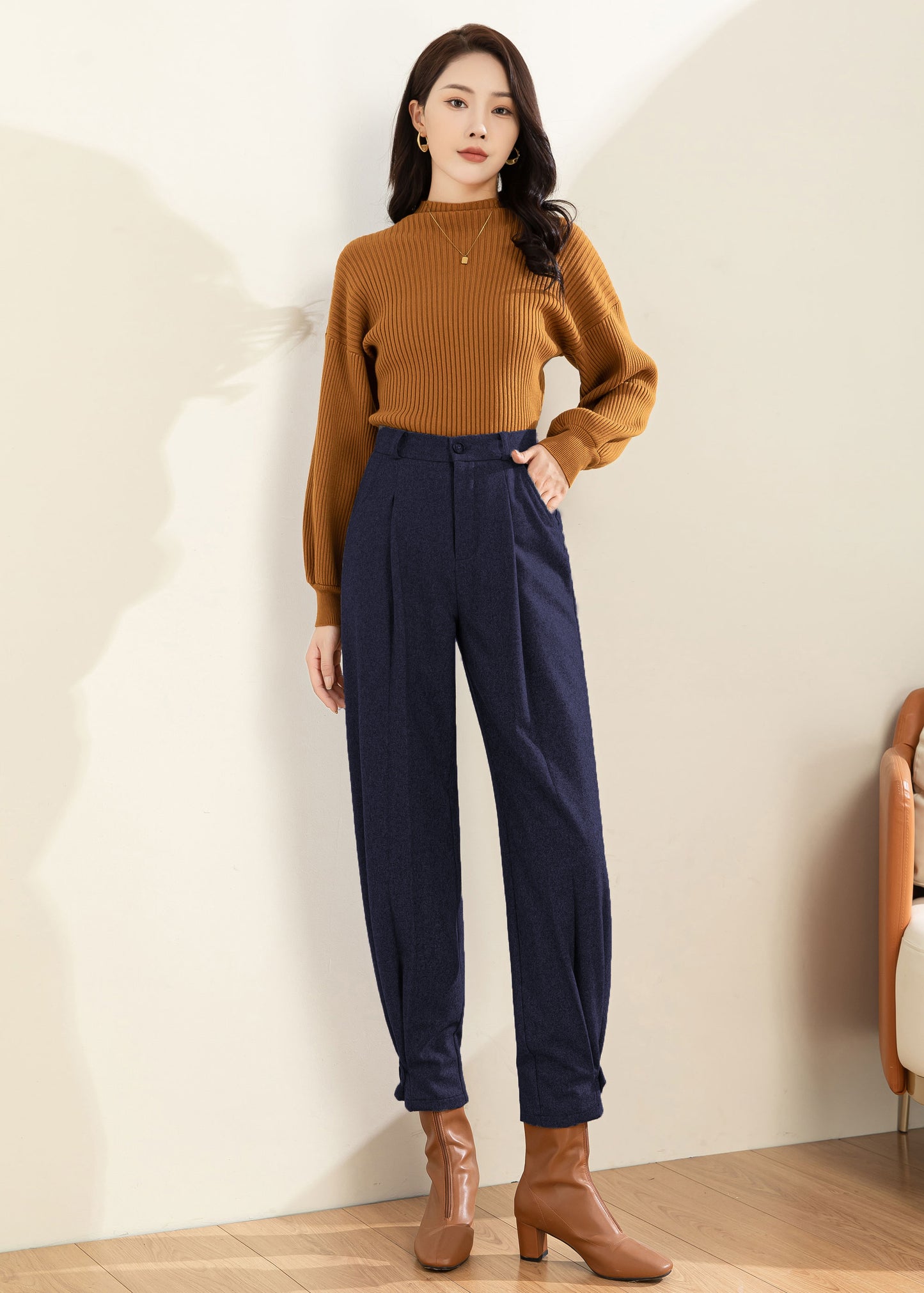 Women Navy Blue Wool Tapered Pants C4516