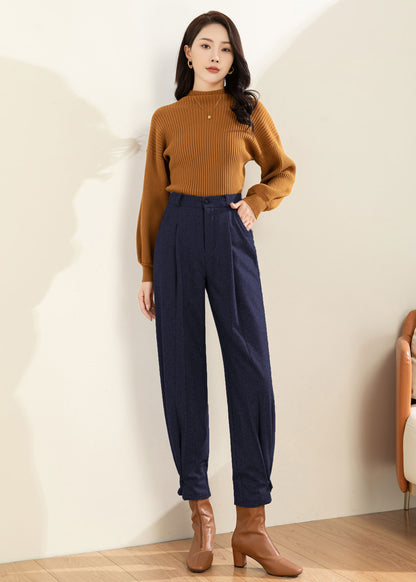 Women Navy Blue Wool Tapered Pants C4516