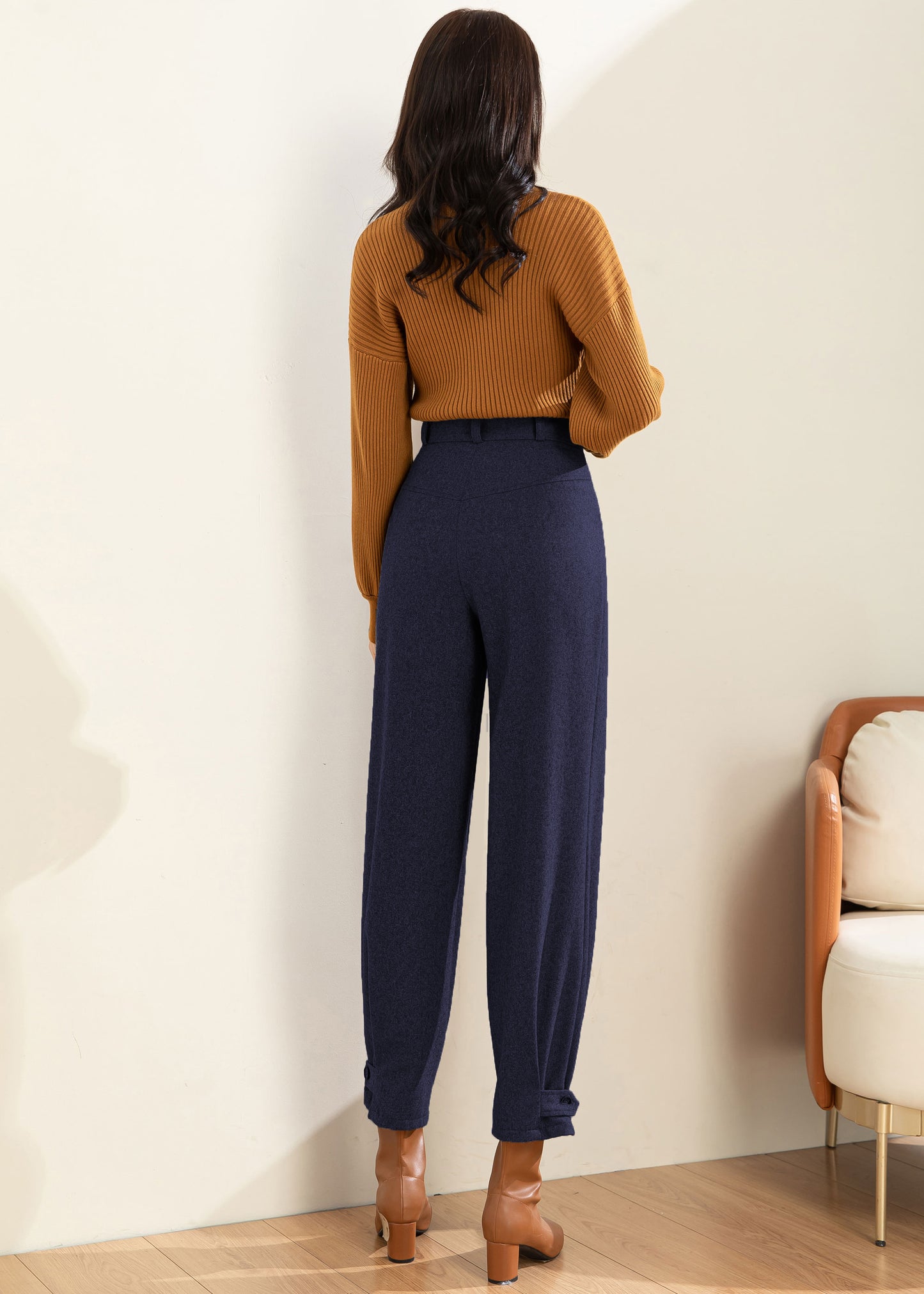 Women Navy Blue Wool Tapered Pants C4516