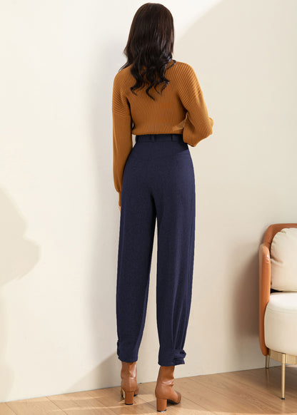 Women Navy Blue Wool Tapered Pants C4516