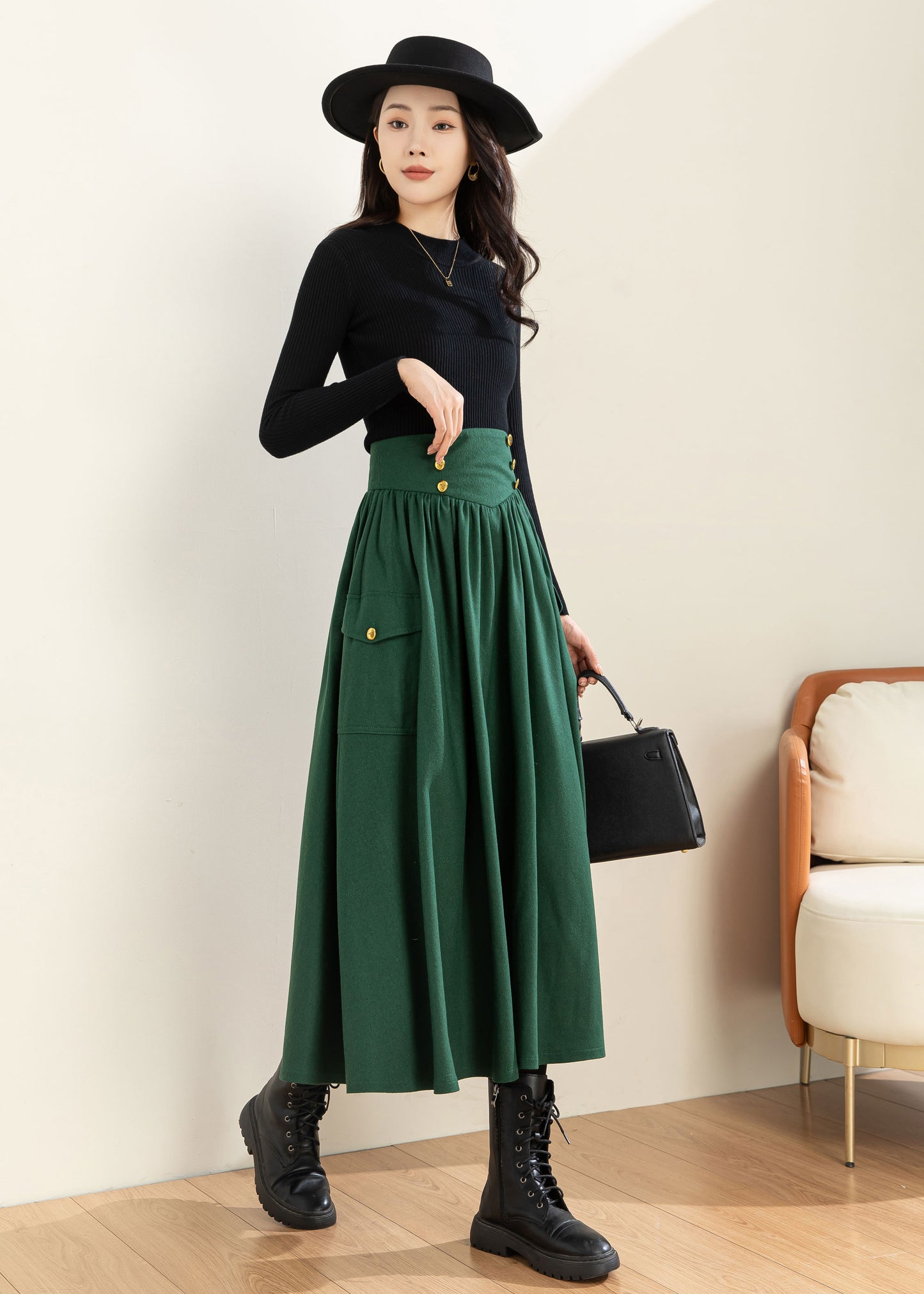 Green Wool Skirt, Wool Skirt Women C3600