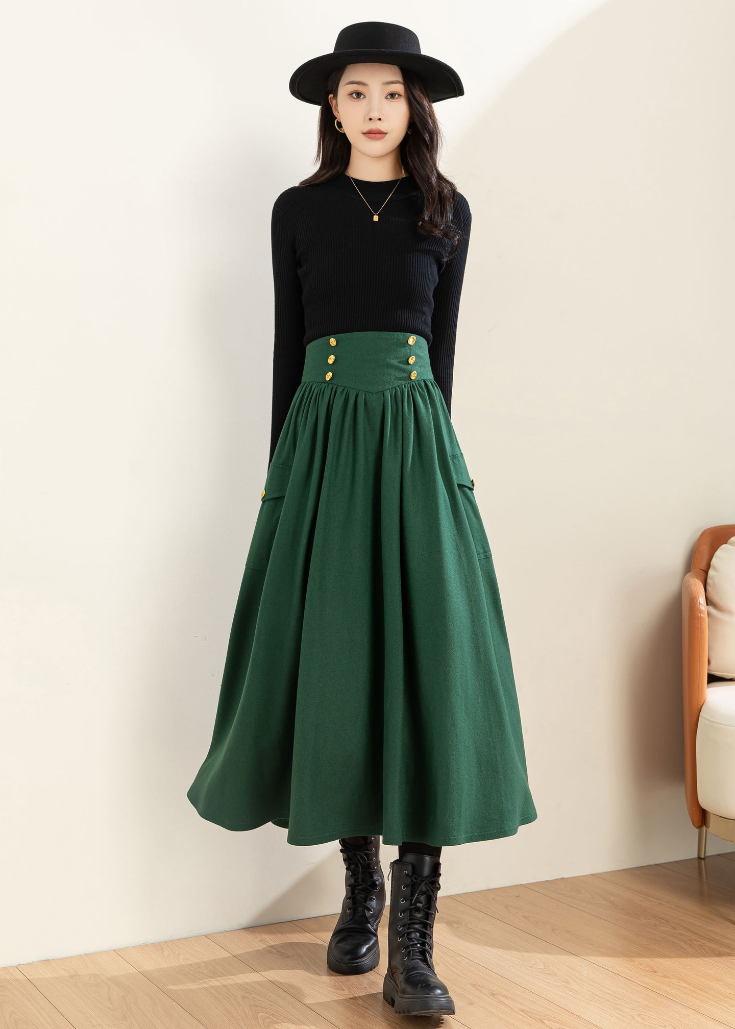 Green Wool Skirt, Wool Skirt Women C3600