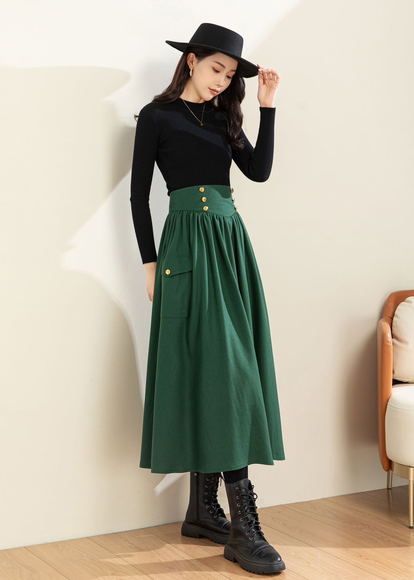 Green Wool Skirt, Wool Skirt Women C3600