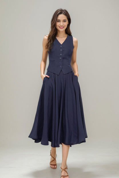 Brown Linen Swing Mid-Length A-Line Skirt C4764