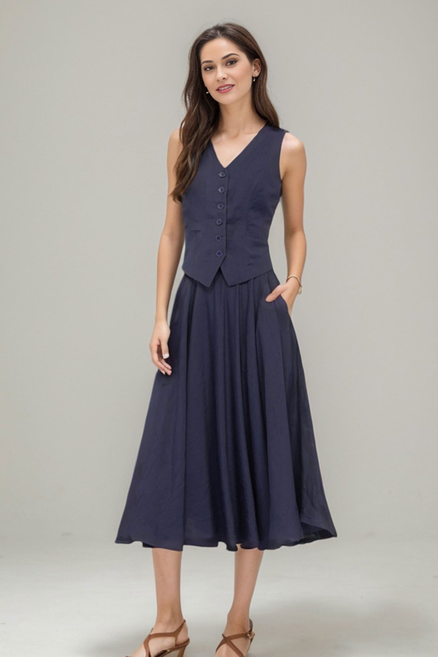 Brown Linen Swing Mid-Length A-Line Skirt C4764