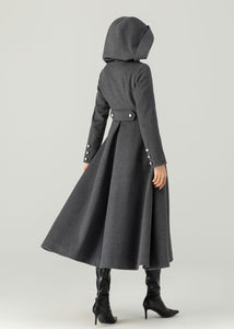 Long Wool Coat, Hooded Wool Coat, Winter Wool Coat C3704