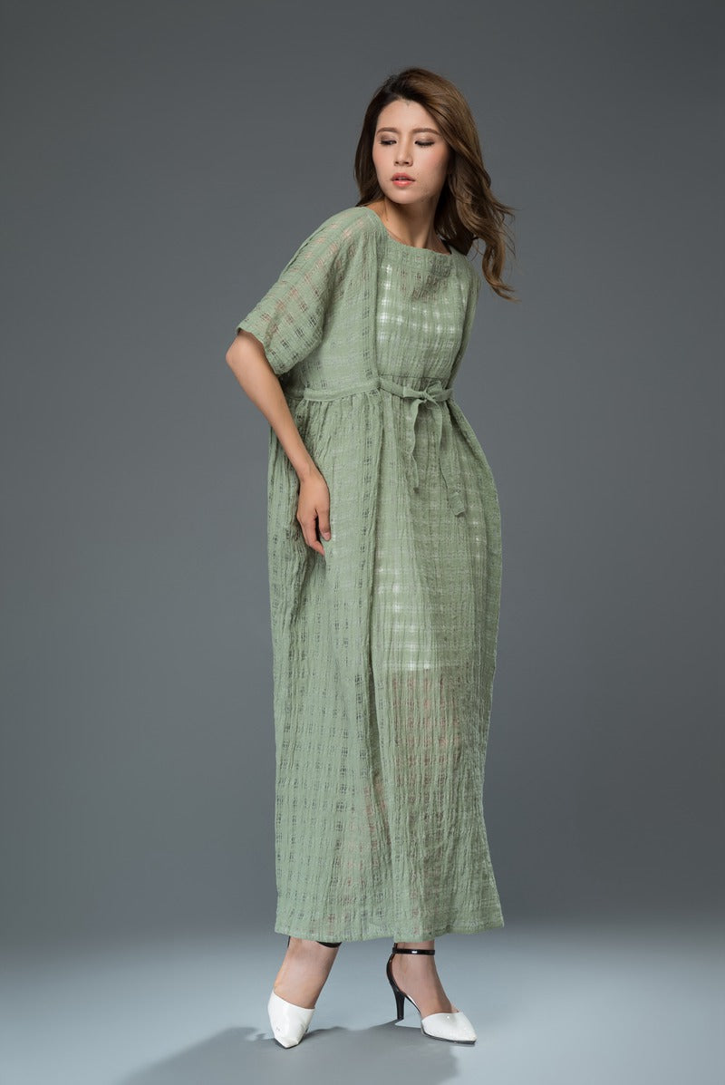Green plus size plaid long linen dress c921