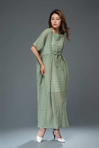 Green plus size plaid long linen dress c921