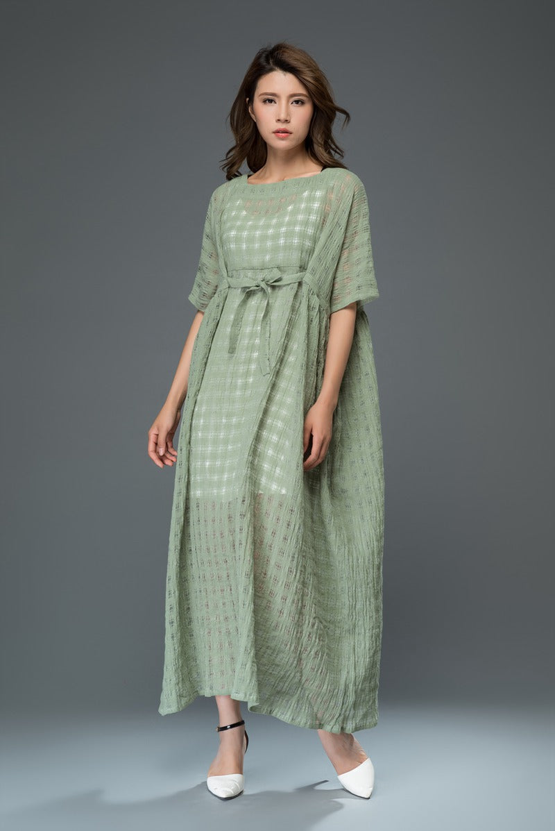 Green plus size plaid long linen dress c921
