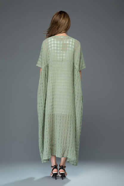 Green plus size plaid long linen dress c921