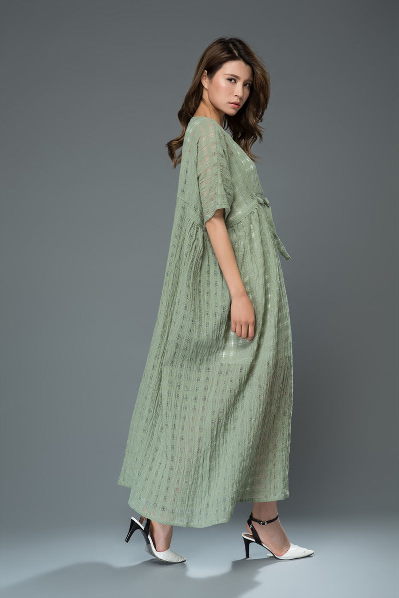 Green plus size plaid long linen dress c921