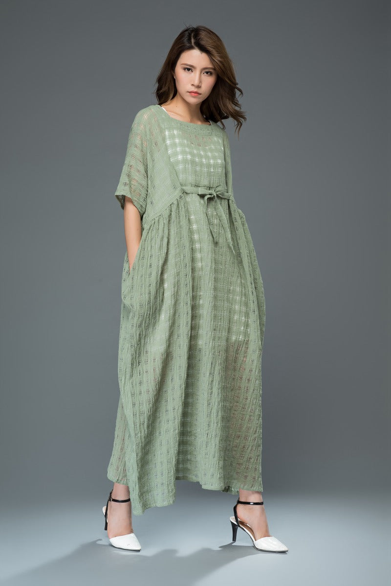 Green plus size plaid long linen dress c921