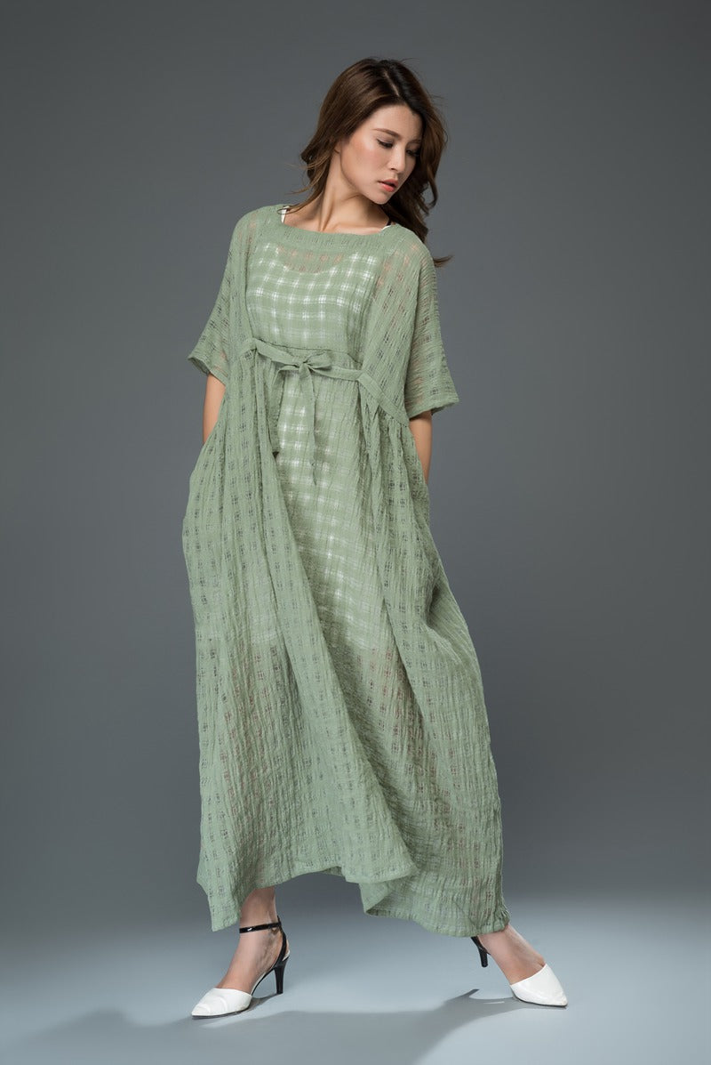 Green plus size plaid long linen dress c921