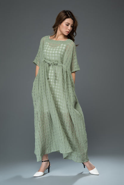 Green plus size plaid long linen dress c921