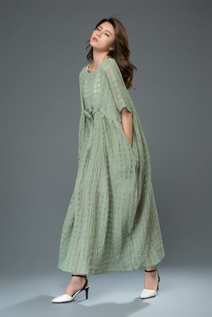 Green plus size plaid long linen dress c921