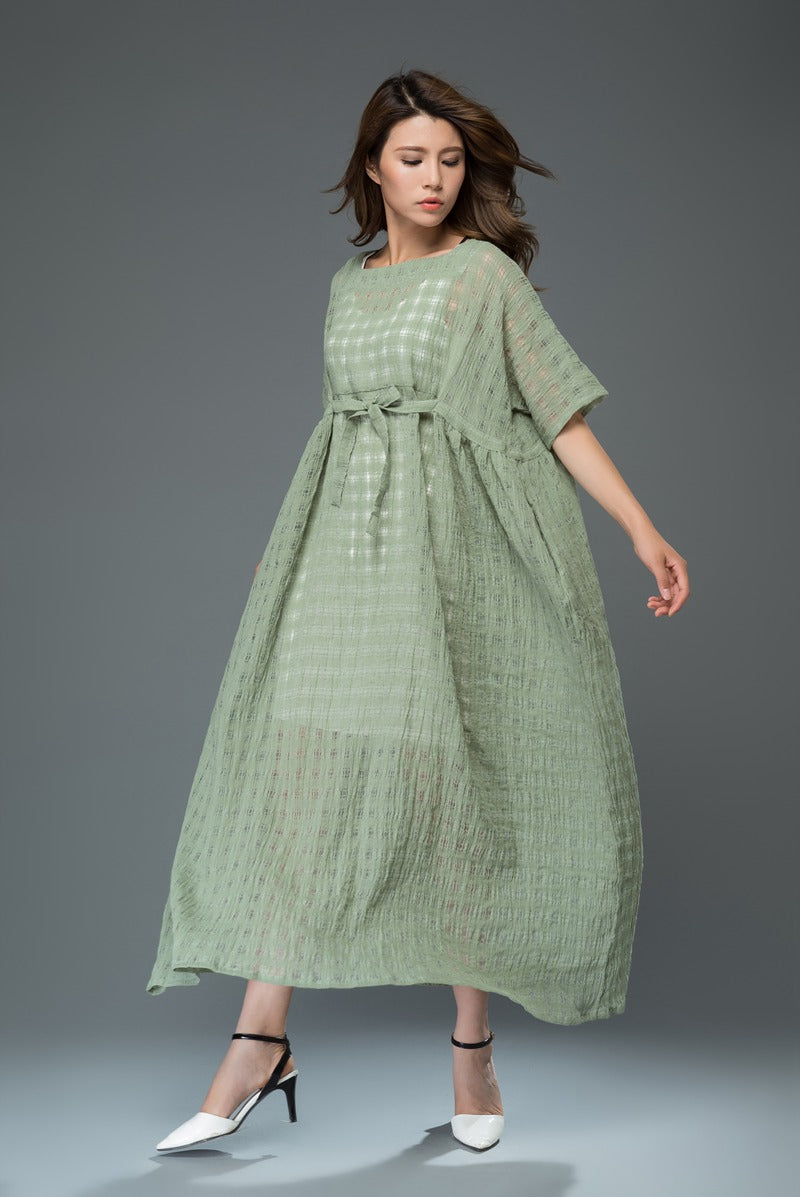 Green plus size plaid long linen dress c921